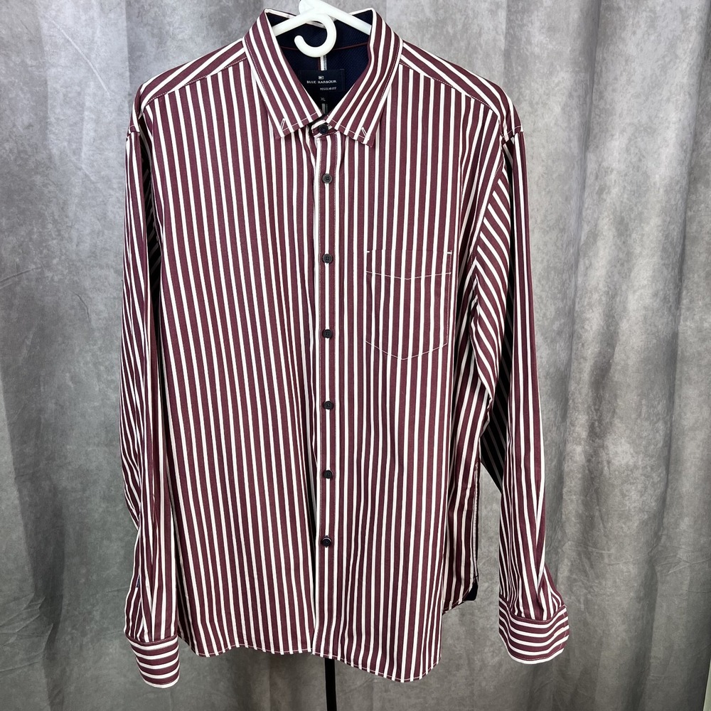 Blue Harbour Men's XL L/S Button-Up Shirt Dark Red/White Stripe Flip Cuff Canada